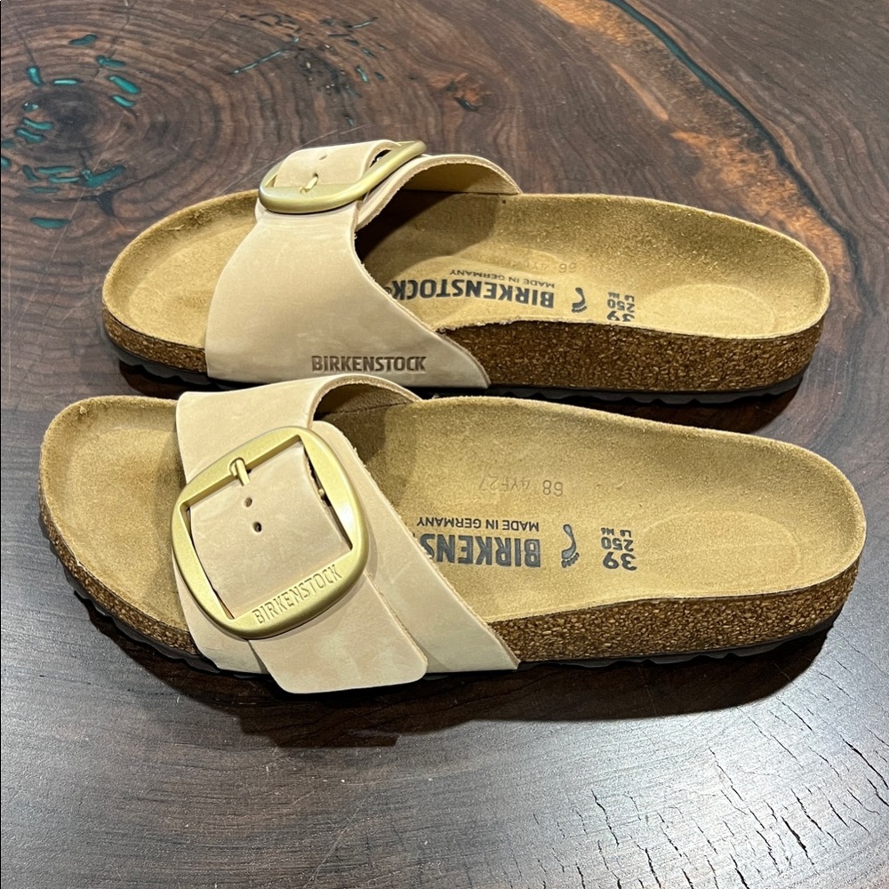 NEW-Birkenstock Cream Slides with Gold Buckle